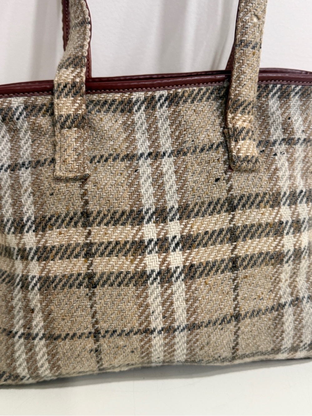 Burberry Plaid Tweed Tote Bag with Brown Trim - Picture 5 of 14